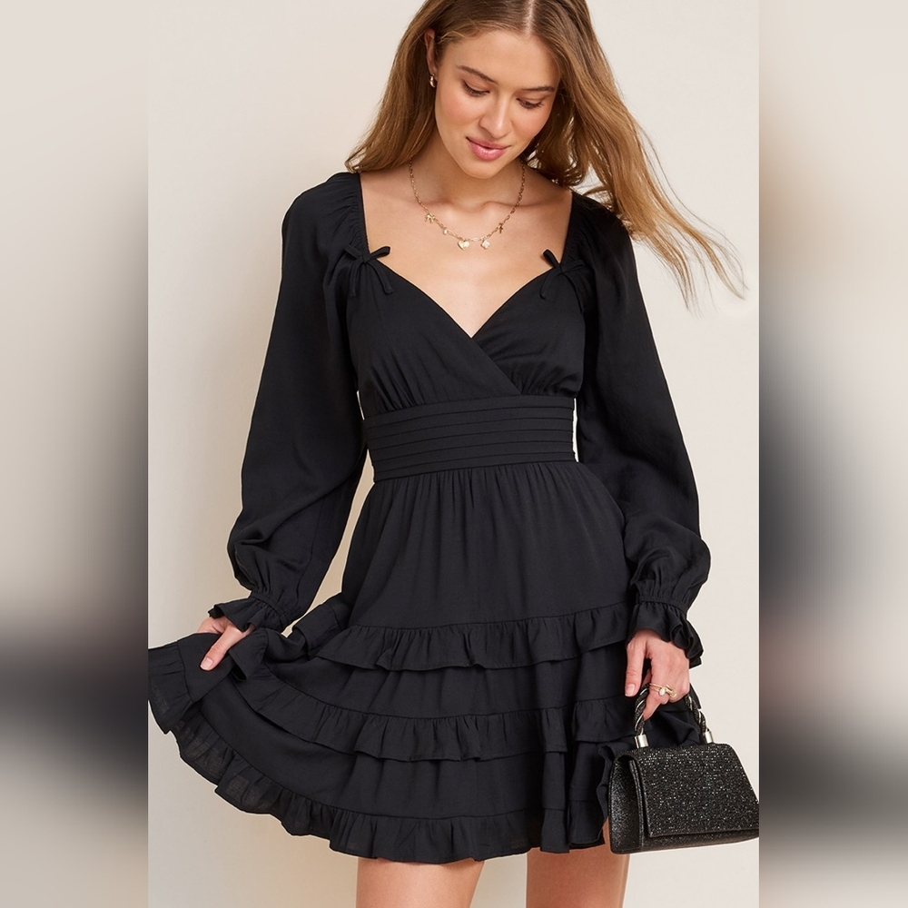 Francesca's Collections Black Long Sleeve Ruffled Tiered Dress